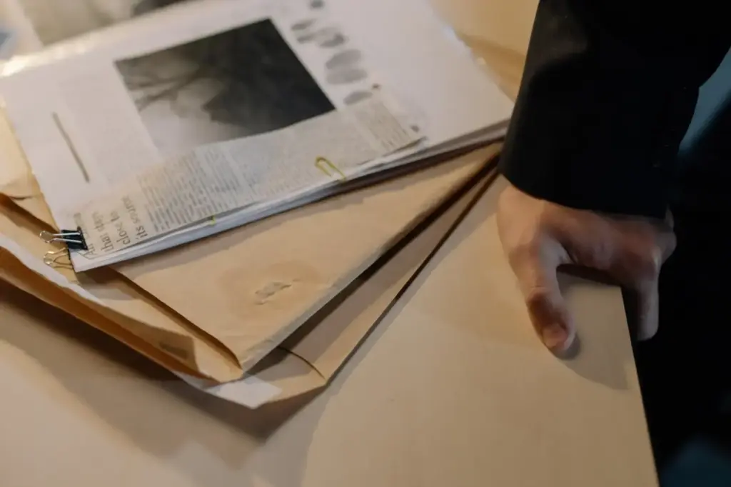 Close-up of a hand resting on a desk near a stack of investigative documents and newspaper clippings