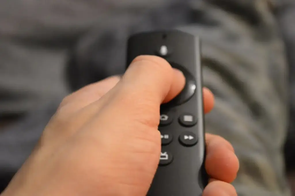 Close-up of a person's hand holding a TV remote control in Berlin, Germany
