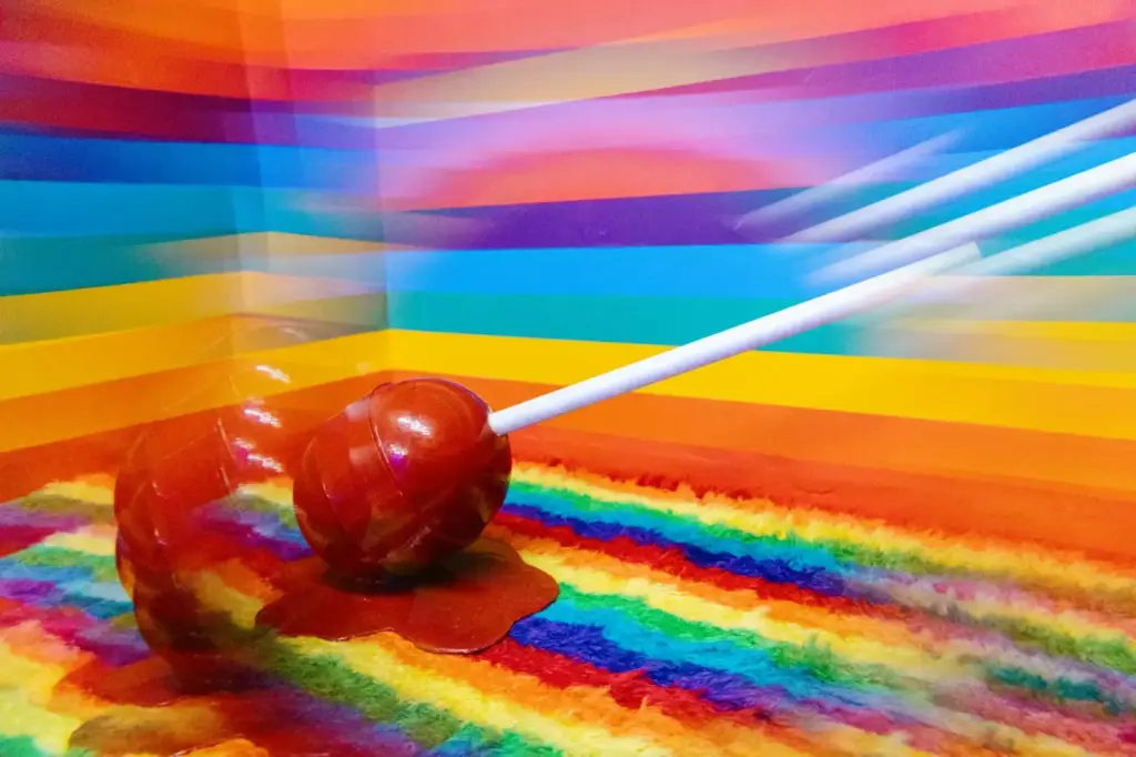 Colorful lollipop on a vivid rainbow background, melting slightly, evoking joy and childhood memories