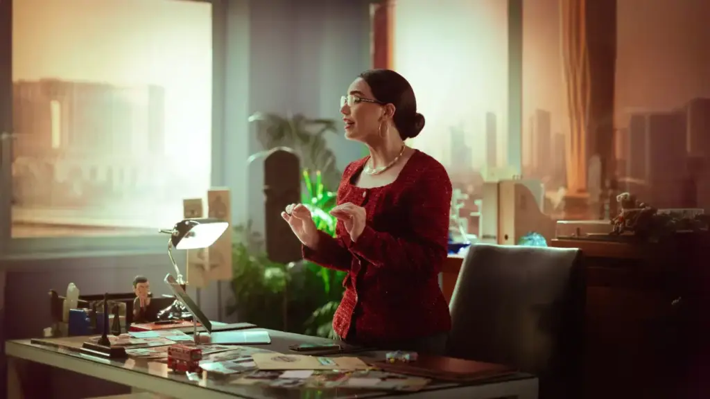 Confident businesswoman in a red suit standing in a modern office setting