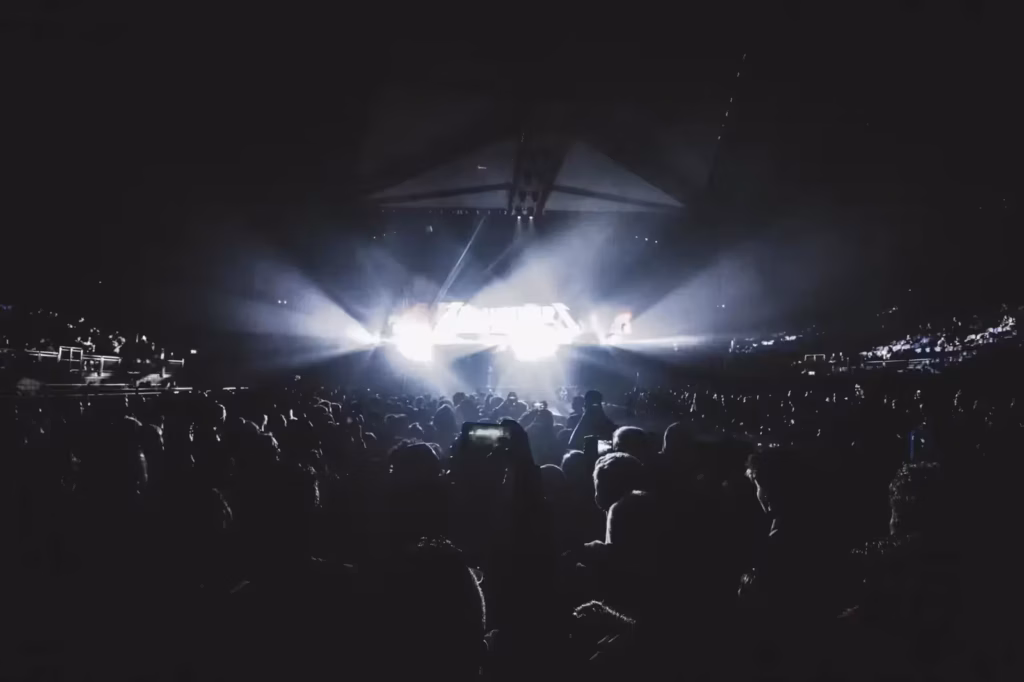 Dynamic concert scene with an energetic crowd at night in a London stadium