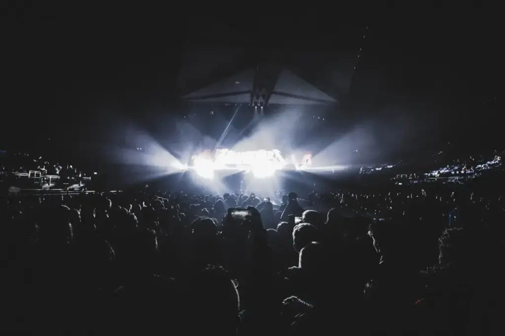 Dynamic concert scene with an energetic crowd at night in a London stadium