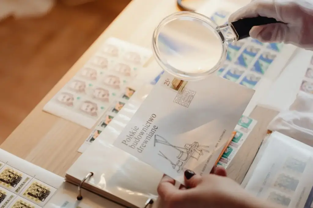Gloved hands hold a magnifying glass over postage stamps on white paper with a wooden background