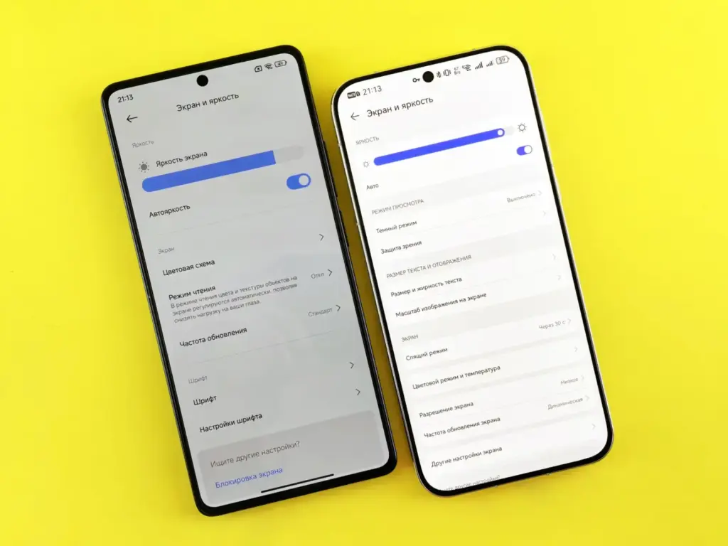 Two smartphones compared showing screen settings, displayed on a vibrant yellow background